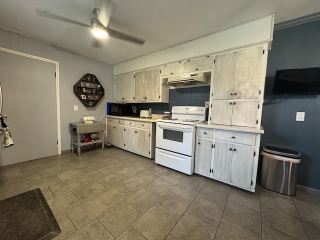 853 Sunset Ave, Marshfield, MO 65706 - kitchen featuring white electric range, under cabinet range hood, a ceiling fan, black microwave, and light countertops