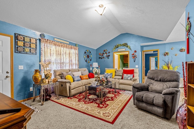 1640 E 541st Rd, Brighton, MO 65617 - living room with vaulted ceiling, a textured ceiling, and carpet flooring