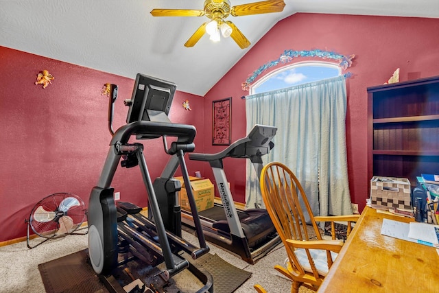 1640 E 541st Rd, Brighton, MO 65617 - workout room with vaulted ceiling, ceiling fan, and carpet