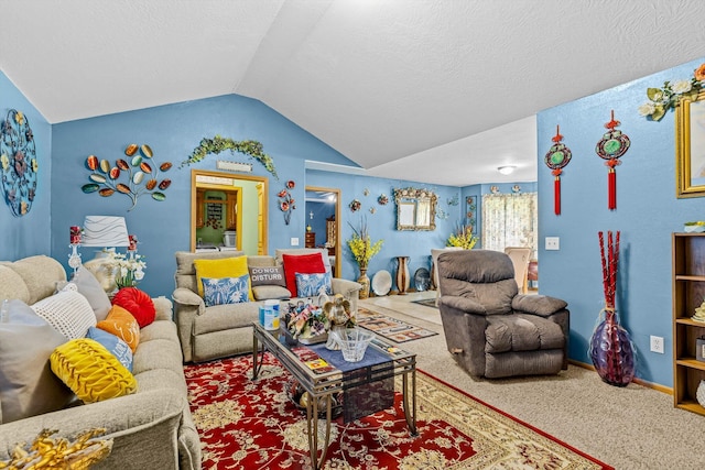 1640 E 541st Rd, Brighton, MO 65617 - living room featuring lofted ceiling, carpet, baseboards, and a textured ceiling