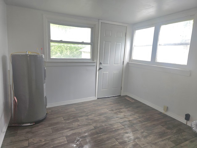 221 Boisseau St, Greenfield, MO 65661 - doorway featuring electric water heater, dark wood-style floors, baseboards, and healthy amount of natural light