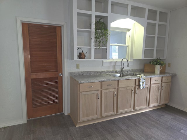 221 Boisseau St, Greenfield, MO 65661 - kitchen featuring open shelves, a sink, dark wood finished floors, light brown cabinetry, and light countertops