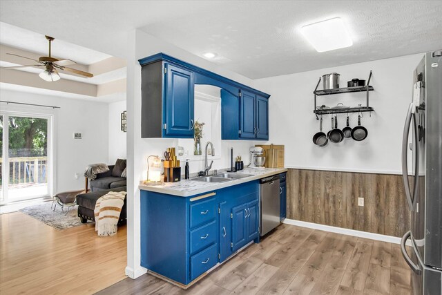 113 Holly Ridge Rd, Willard, MO 65781 - kitchen featuring a sink, stainless steel appliances, blue cabinetry, ceiling fan, and wainscoting