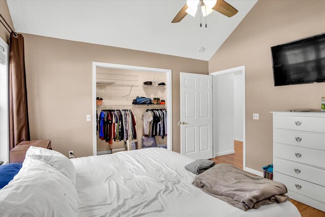 113 Holly Ridge Rd, Willard, MO 65781 - bedroom with a closet, wood finished floors, a spacious closet, high vaulted ceiling, and a ceiling fan