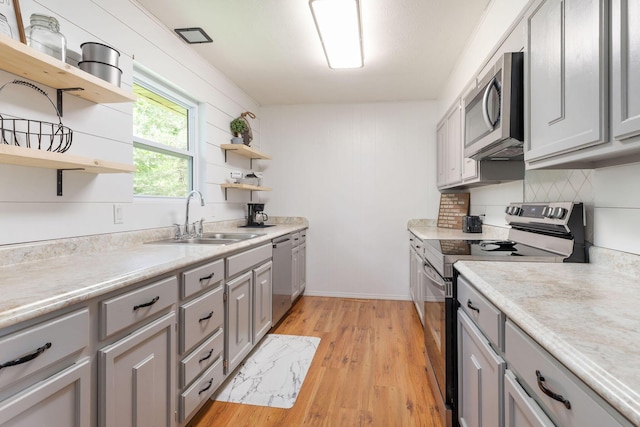 225 Elim St, Forsyth, MO 65653 - kitchen featuring stainless steel appliances, open shelves, a sink, and gray cabinetry