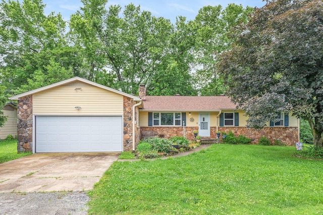 225 Elim St, Forsyth, MO 65653 - ranch-style home featuring stone siding, a garage, driveway, a front lawn, and a chimney
