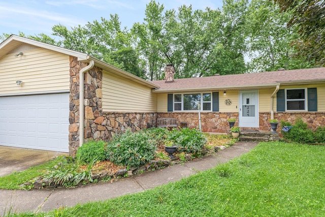 225 Elim St, Forsyth, MO 65653 - ranch-style home with stone siding, an attached garage, a chimney, driveway, and a front lawn