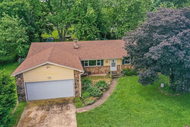 225 Elim St, Forsyth, MO 65653 - view of front of home with stone siding, a front yard, driveway, a chimney, and roof with shingles