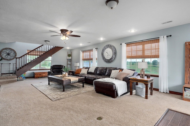 2526 State Highway B, Rogersville, MO 65742 - living area with ceiling fan, carpet floors, stairs, baseboards, and recessed lighting