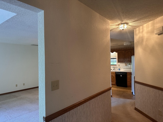 154A Scofield Ave, Forsyth, MO 65653 - corridor featuring a textured ceiling, light carpet, a sink, and a textured wall
