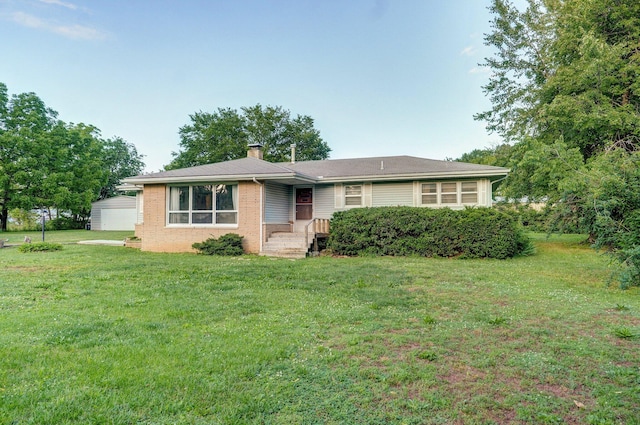 510 E College St, Walnut Grove, MO 65770 - ranch-style house featuring a front lawn, brick siding, and a chimney
