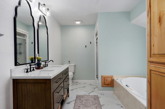 4402 Quail Run Rd, Ozark, MO 65721 - bathroom featuring marble look tiles, double vanity, toilet, a garden tub, and a stall shower