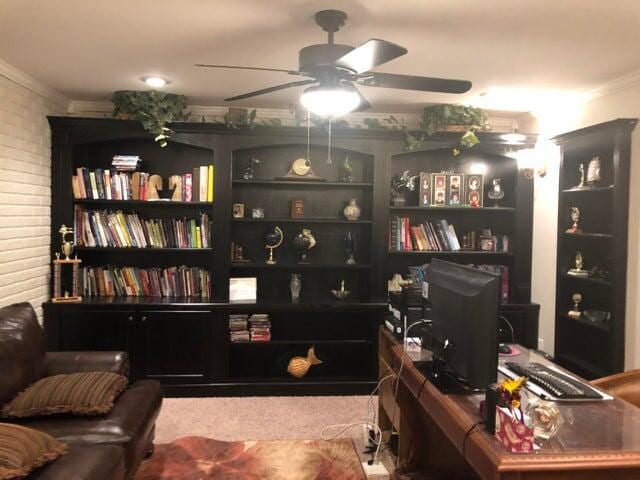 4402 Quail Run Rd, Ozark, MO 65721 - carpeted home office with a ceiling fan and crown molding