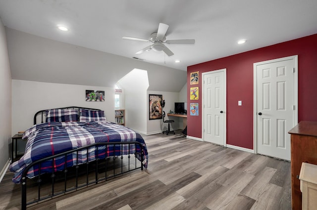 4402 Quail Run Rd, Ozark, MO 65721 - bedroom with lofted ceiling, wood finished floors, recessed lighting, baseboards, and ceiling fan