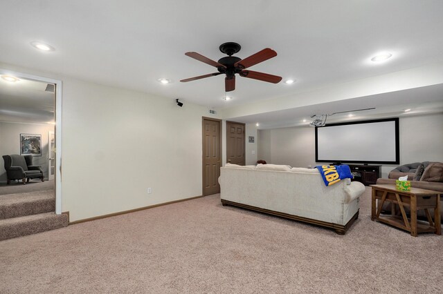 4402 Quail Run Rd, Ozark, MO 65721 - cinema room with light colored carpet, recessed lighting, baseboards, and ceiling fan