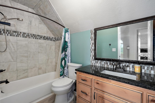 4402 Quail Run Rd, Ozark, MO 65721 - full bathroom with vanity, shower / bath combo with shower curtain, toilet, and lofted ceiling