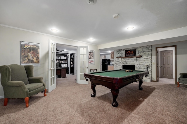4402 Quail Run Rd, Ozark, MO 65721 - recreation room featuring light colored carpet, ornamental molding, french doors, pool table, and baseboards
