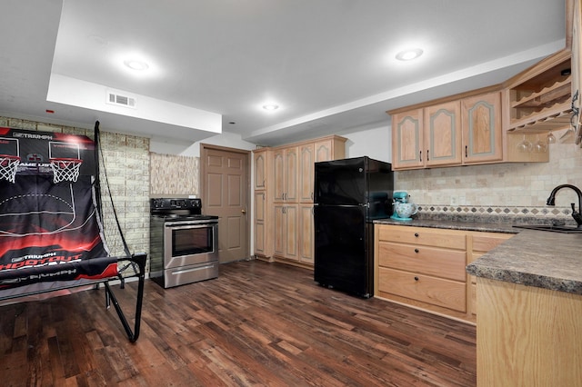 4402 Quail Run Rd, Ozark, MO 65721 - kitchen featuring freestanding refrigerator, electric range, a sink, light brown cabinetry, and dark countertops
