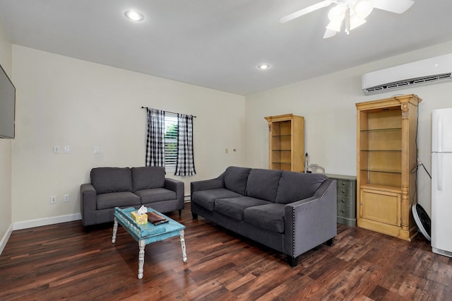 4402 Quail Run Rd, Ozark, MO 65721 - living area with a wall mounted AC, dark wood-type flooring, a ceiling fan, recessed lighting, and baseboards