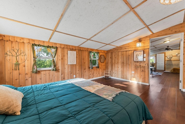 19326 Boat Dock Rd W, Omaha, AR 72662 - bedroom with hardwood / wood-style flooring, vaulted ceiling, wooden walls, and baseboards