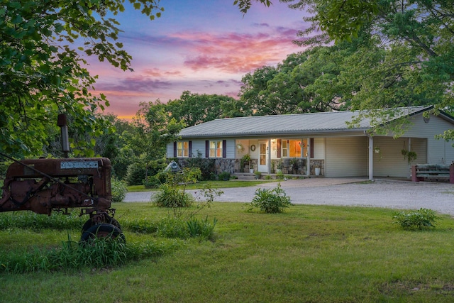 19326 Boat Dock Rd W, Omaha, AR 72662 - ranch-style house featuring gravel driveway, a yard, metal roof, an attached carport, and a porch