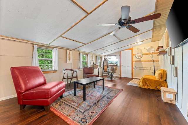 19326 Boat Dock Rd W, Omaha, AR 72662 - living room featuring lofted ceiling, hardwood / wood-style flooring, baseboards, and ceiling fan