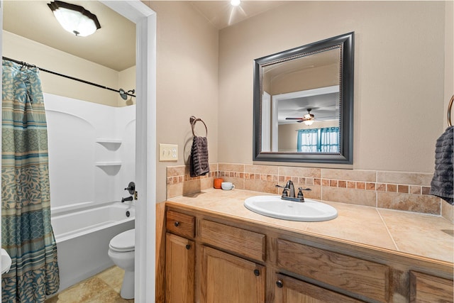 19326 Boat Dock Rd W, Omaha, AR 72662 - full bathroom featuring toilet, vanity, shower / tub combo, backsplash, and a ceiling fan