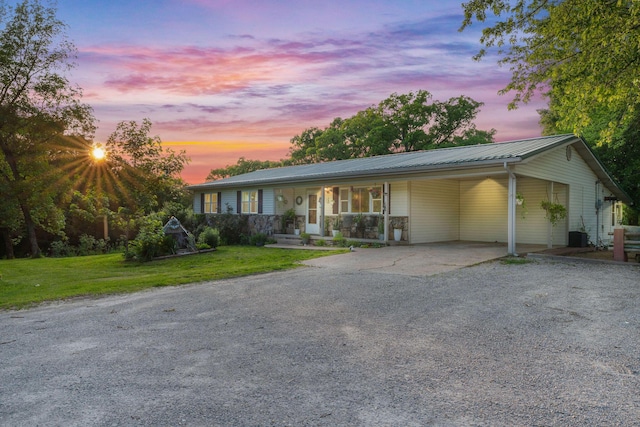 19326 Boat Dock Rd W, Omaha, AR 72662 - ranch-style house featuring driveway, a front yard, metal roof, and an attached carport