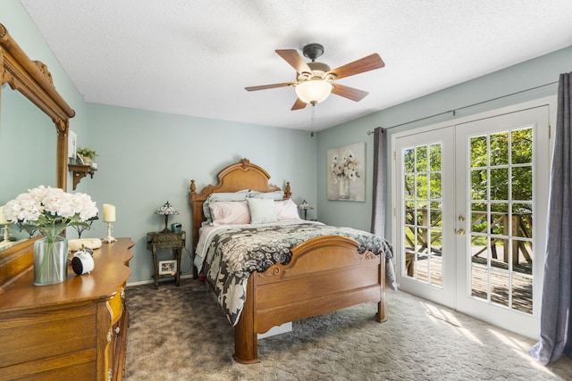 5527 S Honeysuckle Ln, Battlefield, MO 65619 - bedroom with french doors, access to outside, carpet, a textured ceiling, and ceiling fan