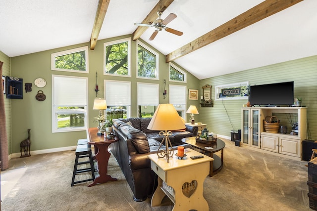 5527 S Honeysuckle Ln, Battlefield, MO 65619 - carpeted living area featuring ceiling fan, beam ceiling, baseboards, and high vaulted ceiling