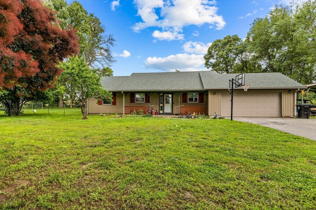 206 Plum St, Sparta, MO 65753 - ranch-style house with a garage, driveway, a porch, and roof with shingles