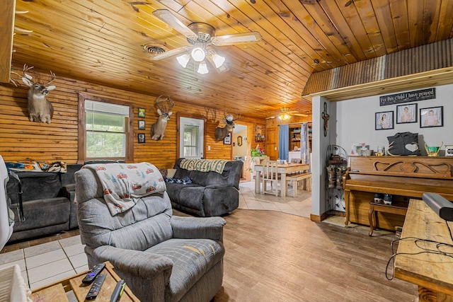 206 Plum St, Sparta, MO 65753 - living room featuring ceiling fan, wooden ceiling, and wood finished floors
