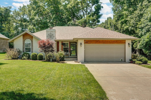 3840 W Wilderness St, Springfield, MO 65807 - single story home with an attached garage, a chimney, roof with shingles, driveway, and brick siding