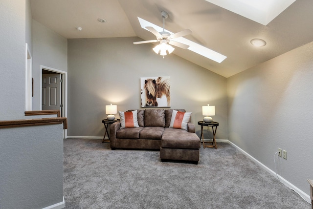 280 Wimbledon Dr Unit 9, Branson, MO 65616 - carpeted living room featuring a skylight, lofted ceiling, ceiling fan, and baseboards