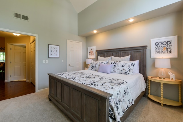 318 Wimbledon Dr Unit 8, Branson, MO 65616 - bedroom with carpet floors, high vaulted ceiling, baseboards, and recessed lighting