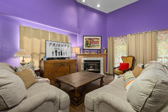 344 Wimbledon Dr Unit 7, Branson, MO 65616 - living area with high vaulted ceiling, wood finished floors, and a tiled fireplace