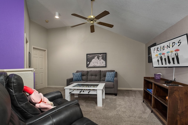 344 Wimbledon Dr Unit 7, Branson, MO 65616 - carpeted living area featuring ceiling fan, vaulted ceiling, and baseboards