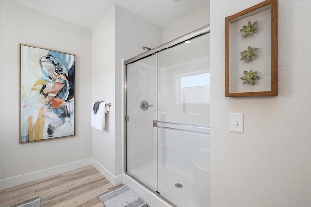 224 David Shawn Dr, Branson, MO 65616 - full bathroom featuring wood finished floors, a shower stall, and baseboards