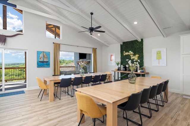 224 David Shawn Dr, Branson, MO 65616 - dining room featuring beam ceiling, light wood-style flooring, baseboards, a ceiling fan, and healthy amount of natural light