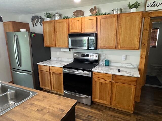 83 Dawn Cir, Galena, MO 65656 - kitchen featuring appliances with stainless steel finishes, dark wood-type flooring, and butcher block countertops
