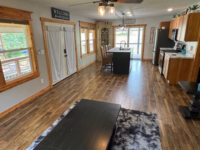 83 Dawn Cir, Galena, MO 65656 - kitchen with appliances with stainless steel finishes, a ceiling fan, light countertops, and dark wood-style floors