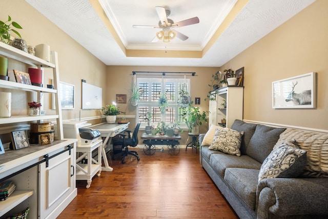 1002 S Joshua Ave, Republic, MO 65738 - office area with a raised ceiling, dark wood-style flooring, ceiling fan, and crown molding