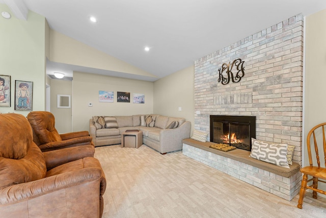 25630 Foxwood Cir, Shell Knob, MO 65747 - carpeted living area with vaulted ceiling, a fireplace, and recessed lighting