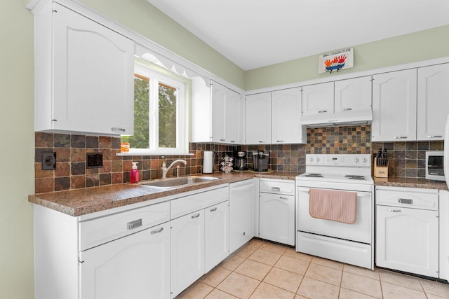 25630 Foxwood Cir, Shell Knob, MO 65747 - kitchen with white appliances, under cabinet range hood, a sink, light tile patterned flooring, and white cabinetry