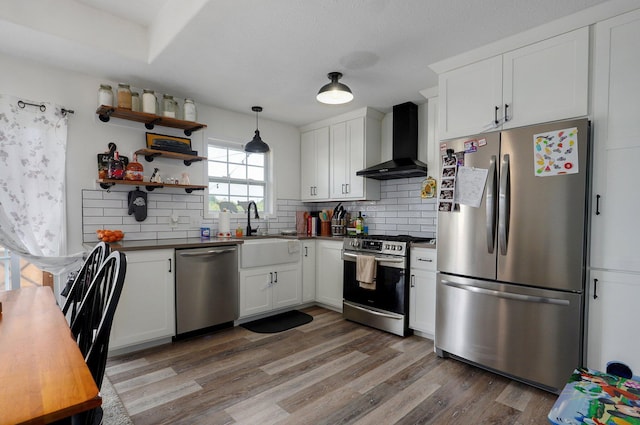 803 W Ridgecrest St, Ozark, MO 65721 - kitchen featuring stainless steel appliances, wall chimney exhaust hood, a sink, light wood-style floors, and decorative backsplash