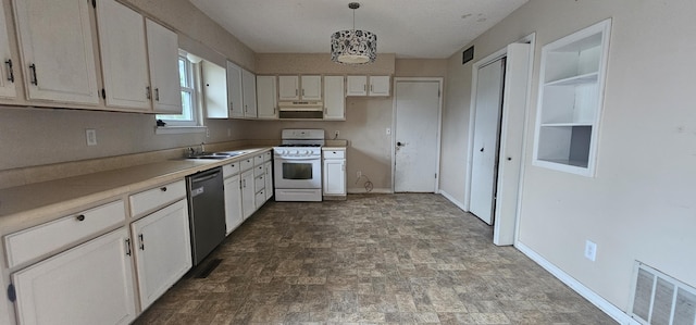 2211 Joanne- Dr, West Plains, MO 65775 - kitchen with white gas stove, dishwasher, under cabinet range hood, a sink, and light countertops