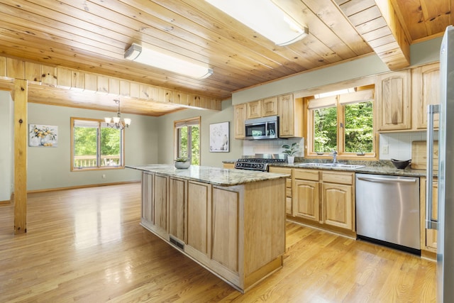 26517 Farm Rd Unit 1212, Eagle Rock, MO 65641 - kitchen with stainless steel appliances, wooden ceiling, light brown cabinets, a sink, and a kitchen island