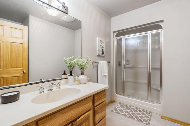 26517 Farm Rd Unit 1212, Eagle Rock, MO 65641 - full bathroom featuring a shower stall, vanity, tile patterned floors, and baseboards