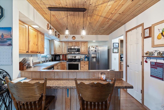 1900 State Highway 76, Anderson, MO 64831 - kitchen featuring appliances with stainless steel finishes, wooden ceiling, a sink, dark wood-type flooring, and a peninsula