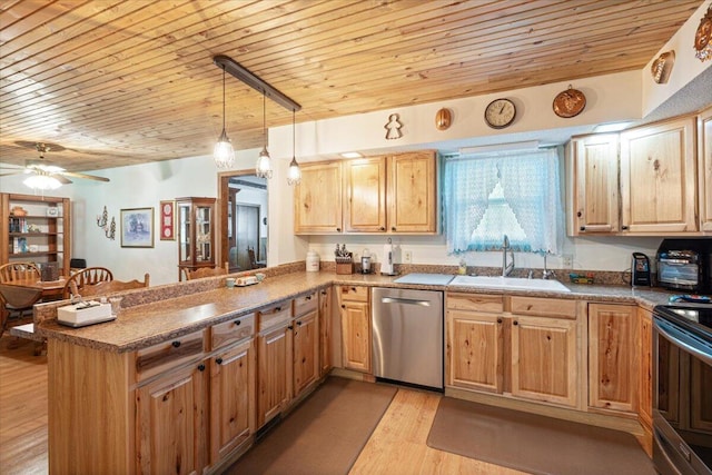 1900 State Highway 76, Anderson, MO 64831 - kitchen with appliances with stainless steel finishes, a sink, wooden ceiling, a peninsula, and light wood-type flooring